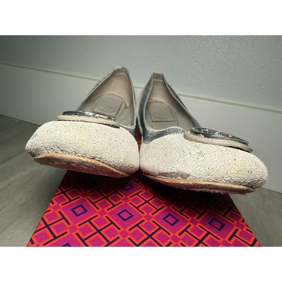 Tory‎ Burch Ballet Flats White Glitter Embellished Logo Women Size 8M - Picture 10 of 12